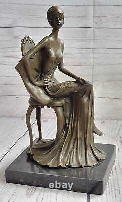 Rare Sculpture Signée Fisher Art Nouveau Deco Femme Figurine Décor Bronze Statue