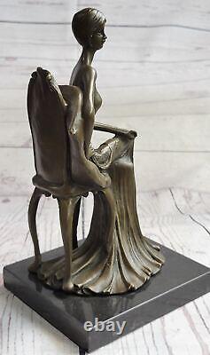 Rare Sculpture Signée Fisher Art Nouveau Deco Femme Figurine Décor Bronze Statue