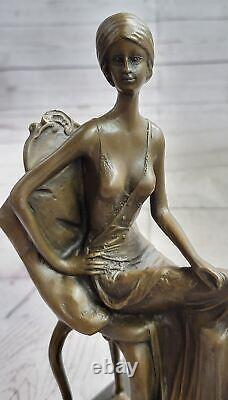 Rare Sculpture Signée Fisher Art Nouveau Deco Femme Figurine Décor Bronze Statue