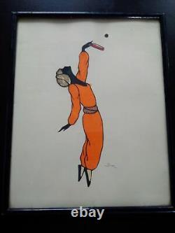 Rare découpage danseuse femme Art Déco 1920 -1930 signé collage tissu & dentelle