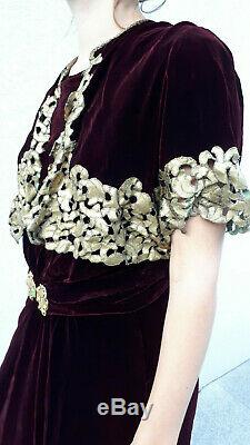 Rare superbe authentique robe en velours bordeaux 1920 années 20 Art Déco dress