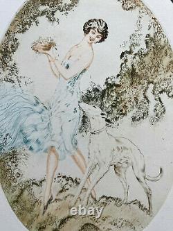 Rarissime grande gravure Fonseca jeune femme au levrier Art Déco 1920 1930