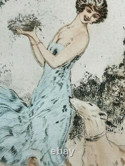 Rarissime grande gravure Fonseca jeune femme au lévrier Art Déco 1920 1930