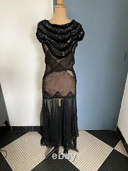 Robe Soirée ancienne art deco 1920 /1930 vintage Tulle Noire Pailletes Taille 38