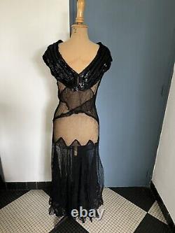 Robe Soirée ancienne art deco 1920 /1930 vintage Tulle Noire Pailletes Taille 38