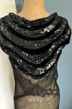 Robe Soirée ancienne art deco 1920 /1930 vintage Tulle Noire Pailletes Taille 38