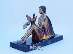 SCULPTURE ART DECO en régule FEMME a l' OISEAU 1920/1930 signé H BAL