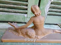 Salvator Mélani Sculpture Femme au Lévrier 1930 Art Déco Plâtre