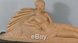 Sculpture Art Déco, Femme Alanguie Avec Drapé, Terre Cuite Signée J. Darcle
