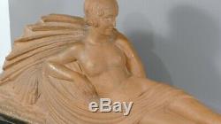 Sculpture Art Déco, Femme Alanguie Avec Drapé, Terre Cuite Signée J. Darcle