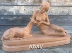 Sculpture Art Deco Terre Cuite Femme Nu Chien Ugo Cipriani pour Gorini frères