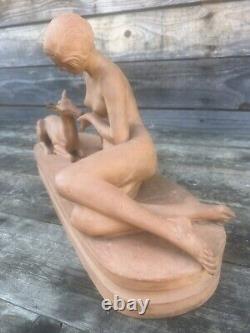 Sculpture Art Deco Terre Cuite Femme Nu Chien Ugo Cipriani pour Gorini frères