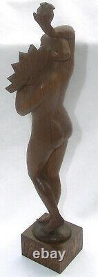 Sculpture Art Déco bois acte d'une femme Ève avec la pomme Éventail