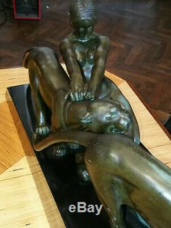 Sculpture En Régule Art Déco Femme Et Lionnes Garanti Années 30 Grand Model