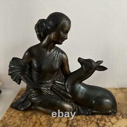 Sculpture Statue Statuette Art Déco Régule Femme Biche Signée BALLESTE