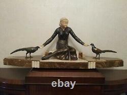 Sculpture chryselephantine Art Deco 1930 statue femme aux faisants 84 cm