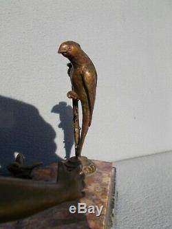 Sculpture femme & perroquet art deco vintage spelter statue figural woman parrot