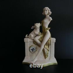 Sculpture statue céramique femme félin horloge REAL CLOCK art déco ITALY N5731