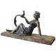 Statue Art-déco En Bronze Argenté Femme Au Faisan Socle En Marbre L = 48 Cm