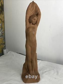Statue Sylvestre Clerc Sculpture Art Deco Femme Nue terre cuite signée 43,5 Cm