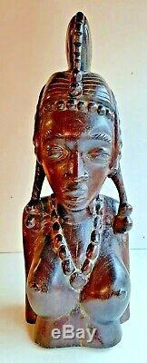 Statue buste de femme Africaine art déco en bois ébène haut 40 diam 15 cm