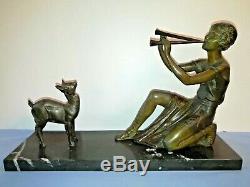 Statuette Sculpture Art Déco Femme Musicienne Au Faon 1920/1930 Signée