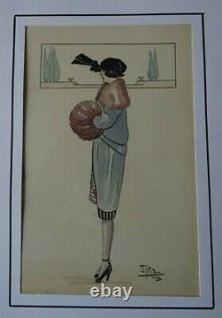 Superbe Aquarelle Originale Art Decoratif Mode Femme Datee 1919