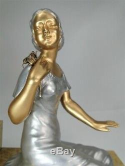 Superbe Pendule Art Deco Balleste Onyx & Fonte D'art Femme Au Faisan No Statue