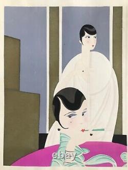 Superbe Pochoir Gouache Art Deco Femmes Intérieur 1930 Original French Stencil