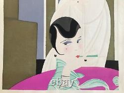 Superbe Pochoir Gouache Art Deco Femmes Intérieur 1930 Original French Stencil