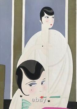 Superbe Pochoir Gouache Art Deco Femmes Intérieur 1930 Original French Stencil