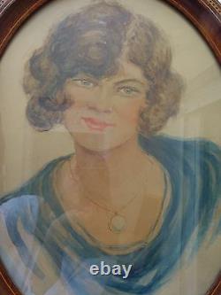 Superbe Portrait D'une Jeune Femme 1919 Aquarelle Signe Beau Cadre Marquete