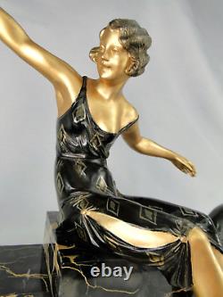 Superbe Sculpture Statue R. Varnier Femme Aux Barzois Ep. Art Deco Marbre Onyx
