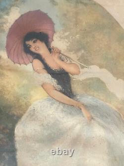 Superbe grande gravure signée aquarellée jeune femme elegante & chat Art Déco