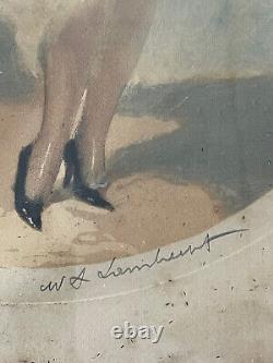 Superbe grande gravure signée aquarellée jeune femme elegante & chat Art Déco