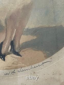 Superbe grande gravure signée aquarellée jeune femme elegante & chat Art Déco