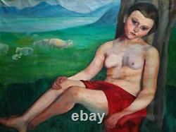 Superbe huile art déco de 1927 par Elisabeth Babin femme nue dans un paysage