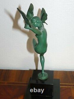 Superbe rare sculpture Max le Verrier Art déco Femme nue oiseaux socle marbre
