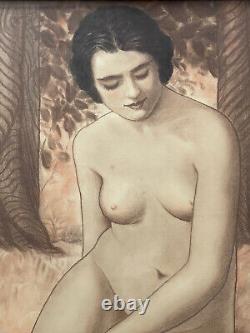 Superbe & rare tableau jeune femme curiosa grand pastel signé 1943 nu féminin