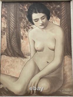 Superbe & rare tableau jeune femme curiosa grand pastel signé 1943 nu féminin