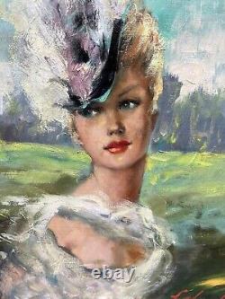 Tableau Huile Portrait Femme Sensuelle Blonde Pin Up Chapeau Mode Signé 1940s