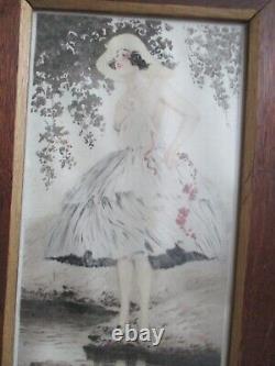 Tableau Litho / Gravure Art Déco signé Georges Grellet Femme bord de l'eau