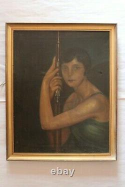 Tableau ancien HST portrait de femme tenant un fusil signé