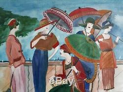 Tableau aquarelle femmes aux ombrelles 1930 Art Déco MARTINE