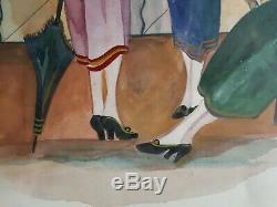 Tableau aquarelle femmes aux ombrelles 1930 Art Déco MARTINE