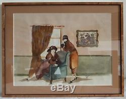 Tableau aquarelle femmes dans un intérieur 1930 Art Déco MARTINE