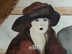 Tableau aquarelle femmes dans un intérieur 1930 Art Déco MARTINE