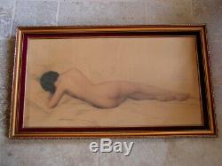 Tableau dessin femme nue art déco XXème signé LEON LAUNAY crayon pastel curiosa