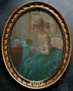 Tableau médaillon Pastel jeune Femme Suzanne Hurel (1876-1956) ART DÉCO