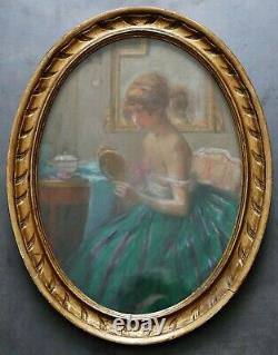Tableau médaillon Pastel jeune Femme Suzanne Hurel (1876-1956) ART DÉCO